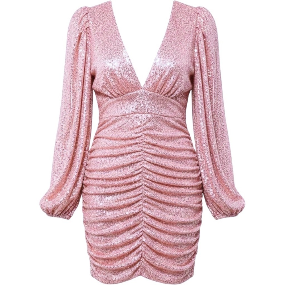 Pink Lily Holiday Vibes Sequin Ruched V Neck Long Sleeve Mini Dress Size S